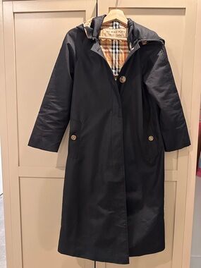 Burberry London Black Hooded Trench Coat Nova Check Lined